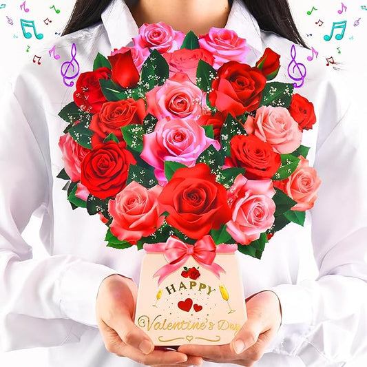 Pop Up Valentine’s Day Card with Light & Music, 12 Inch Paper 3D Rose Bouquet Greeting Card with Envelop, Happy Valentines Day Cards for Wife, Popup Valentines Day Card Gifts for Her Women Girlfriend