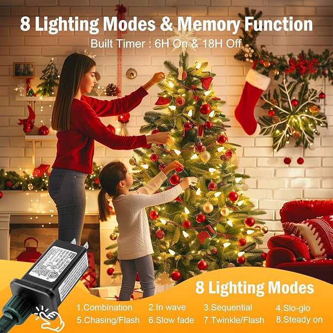 Brightown C9 Christmas Lights Outdoor 2 Pack - Total 162 FT 200 LED C9 String Lights, with Timing & Memory, 8 Modes, Connectable, Waterproof - for Indoor Outside Tree Home Yard Decoration, Warm White