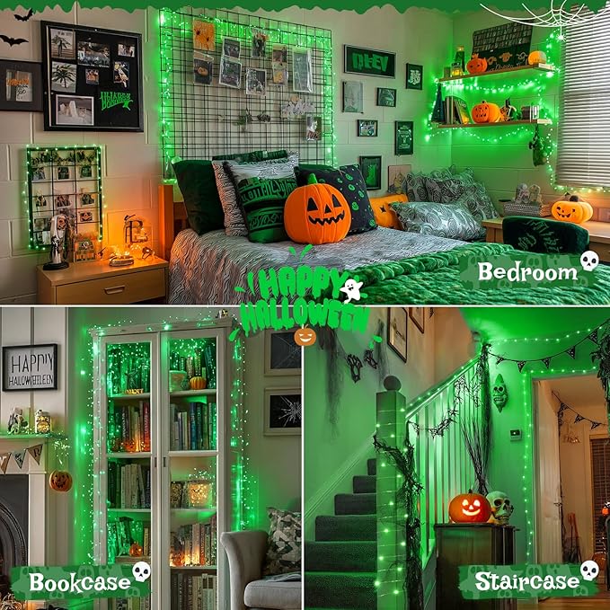 JMEXSUSS 2 Pack Green Fairy Lights Battery Operated, Total 400 LED 132ft Twinkle String Lights with Remote, 8 Modes Halloween Lights for Tree Fireplace Bedroom Indoor Outdoor Xmas Halloween Decor