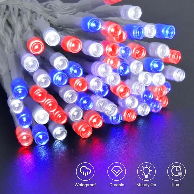 Red White and Blue Lights Battery Operated, 4th of July Lights with Timer Outdoor Waterproof 9.8ft 30 LED for 4th of July Independence Day Decorations Garland Party Garden