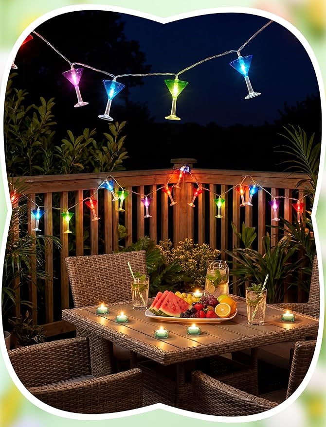 Margarita Party Decorations Lights, 8.5Ft Summer Beach Themed String Lights with 10 Multicolor Cocktail Glass LED Lights, Plug in Summer Decor for Indoor Outdoor Camp Holiday Party Decks Bedroom