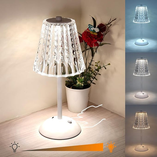 Cordless Table Lamp, 4000mAh Rechargeable Battery Operated Lamp, 3 Color Modes & Stepless Dimmable LED Touch Lamp, Portable Crystal Metal Beside Lamps for Bedroom Restaurant Outdoor(White)