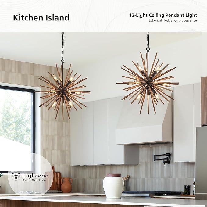 23.6" Farmhouse Sputnik Chandelier for Dining Room Rustic Handmade Natural Wood 12-Light Hanging Ceiling Pendant Light Fixture Starburst Wood Chandeliers for Kitchen Bedroom Foyer Hallway