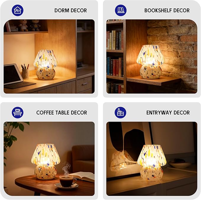 Cordless Mushroom Lamp-Modern Small Battery Operated Table Lamp with Timer for Home Decor,Aesthetic Glass Battery Powered Lamp for Bedroom/Kitchen/Living Room/Shelf Decor(White&Blue)
