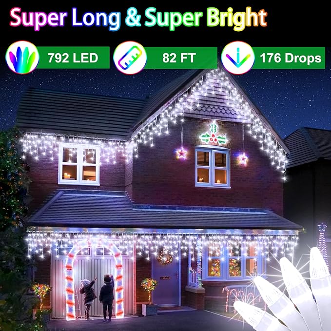 82ft 792 LED 176 Drops Christmas Lights, Outdoor Hanging lights with 8 Modes and Timer Memory, Plug In Outside Waterproof Curtain String Lights for House Fence Tree Holiday Decorations (Cool White)