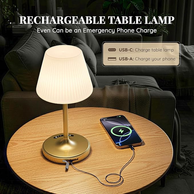 Cordless Table Lamp, Waterproof Shower Lamp, 4000mAh Rechargeable Table Lamps, 3-Color Dimmable Light, Battery Operated Lamp Desk Night Lamp for Bathroom Bedroom Patio Camping Restaurant (Gold)