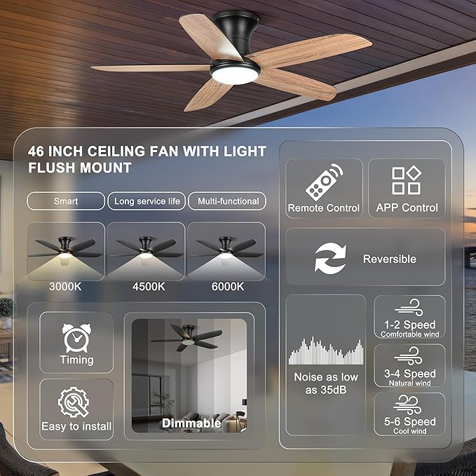 Ohniyou Ceiling Fan with Lights, 46" Flush Mount Ceiling Fans Remote/APP Control - Dimmable, Quiet DC Motor, Indoor Ceiling Fans for Bedroom Kitchen, Black