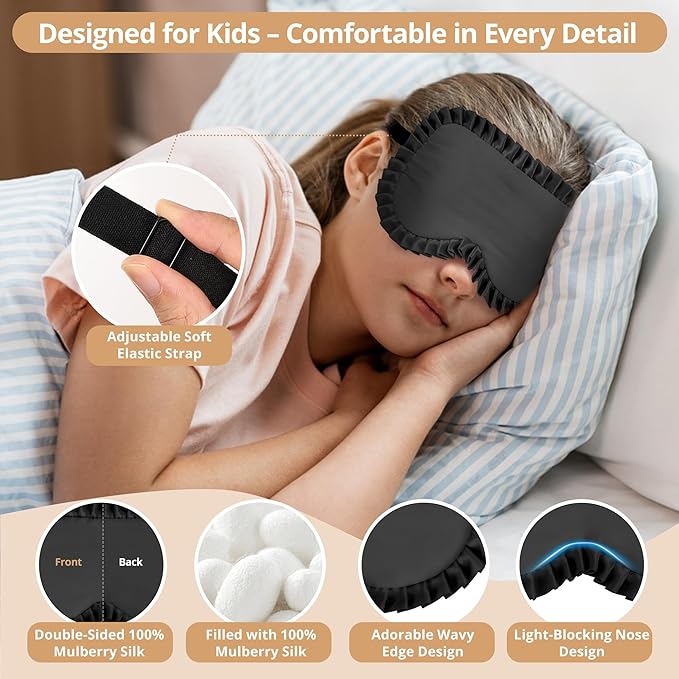 Kids Sleep Mask, 100% Real Mulberry Silk Eye Mask, Sleeping Mask for Kids with Adjustable Elastic Band, Soft & Light Blocking Eye Cover Gift for Boys Girls Teens Age 5+ (Black)