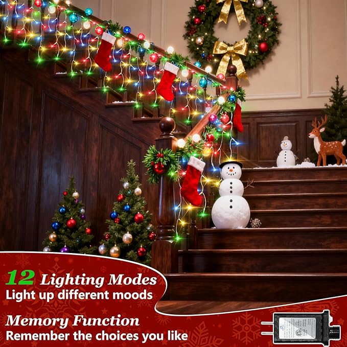 1620 LED 164ft Outdoor Christmas Lights, 12 Modes Dimmable Curtain String Lights with 360 Drops, Waterproof Twinkle Fairy Lights with Timer for Bedroom Window Holiday Wedding Xmas Decor, Multicolor