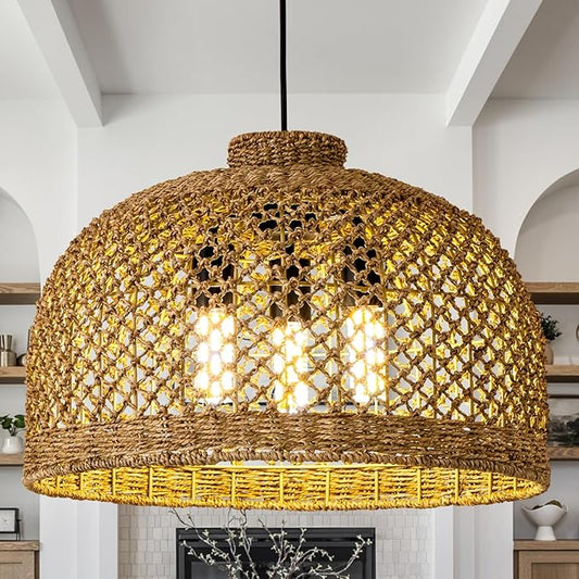 18.9in Rattan Light Hand Woven Wicker Large Pendant Lights Boho Lighting Farmhouse Chandelier Fixture for Living Room Restaurant Kitchen Island Dining Room Hallway Bedroom