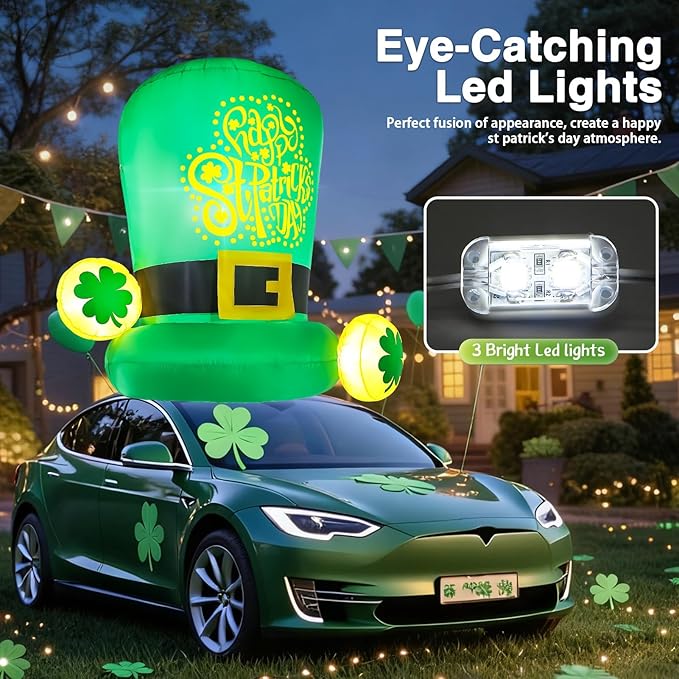 St Patricks Day Inflatables Outdoor Decorations 5FT Green Leprechaun Hat Blow Up Yard Car Roof Saint Patrick's Hats with Shamrock Party St. Pattys Inflatable Holiday Garden Patio Décor