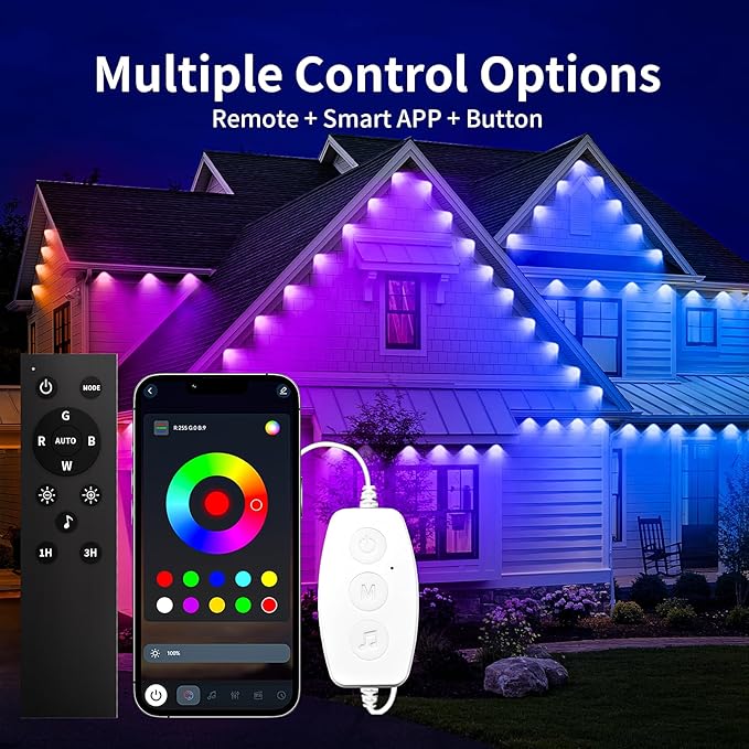 KSIPZE Permanent Outdoor Lights for House, 50ft Smart RGB+IC Eaves LED Lights with App & Button Control, 200+ Dynamic Scene Modes, IP67 Waterproof for Roof, Garden, Christmas, Party Decor