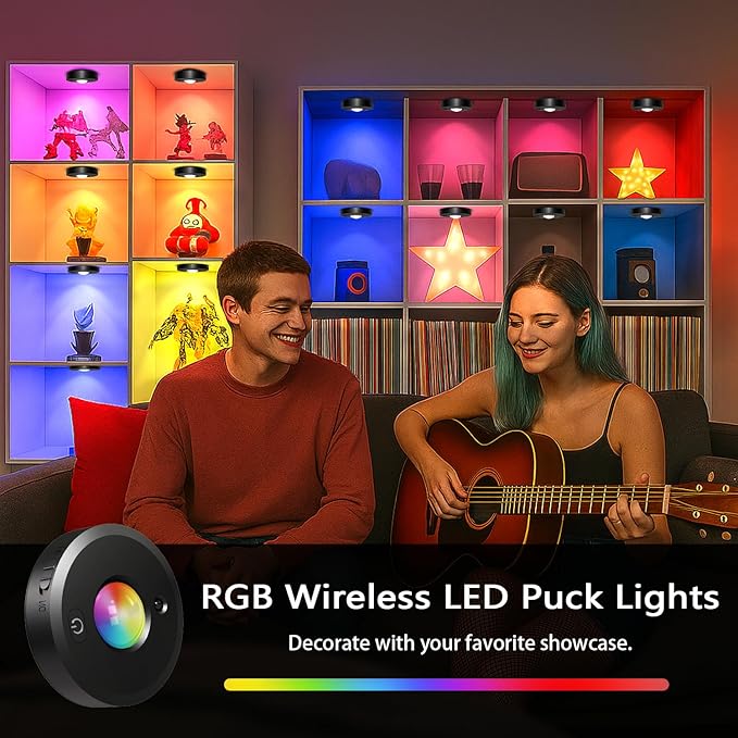 3 Pack Rechargeable Puck Lights - LED Puck Lights with Remote Control, Dimmable, 12 Colors & 2 Dynamic, 1000mAh Battery Operated, Timer - Magnetic Stick on Light, Ideal for Kitchen, Cabinets, Closet