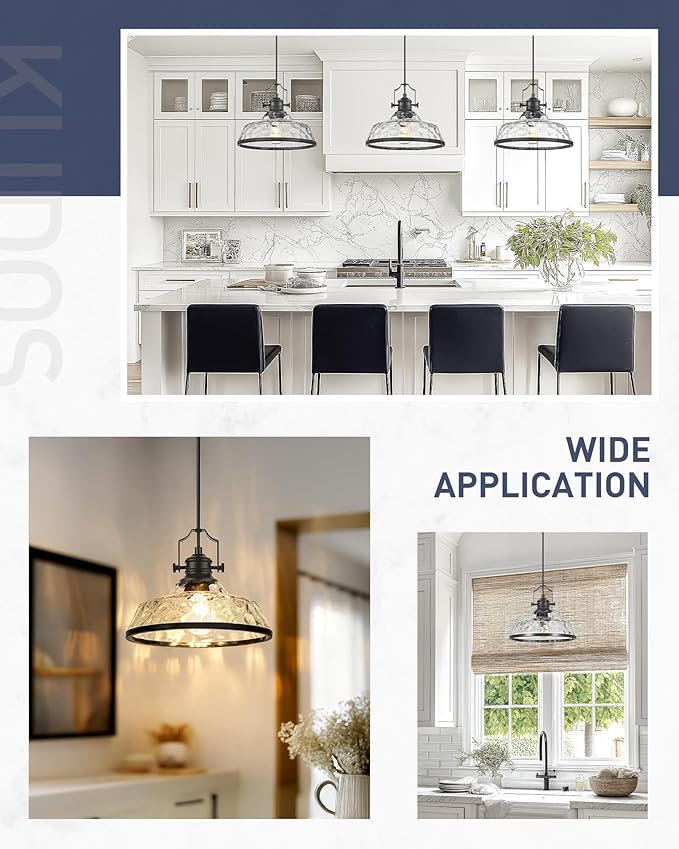 kudos Pendant Lights Kitchen Island, 11" Black Pendant Lights with Clear Hammered Glass Shade, Farmhouse Large Hanging Light Fixture for Kitchen Sink Dining Room, KDPL13-BK-H