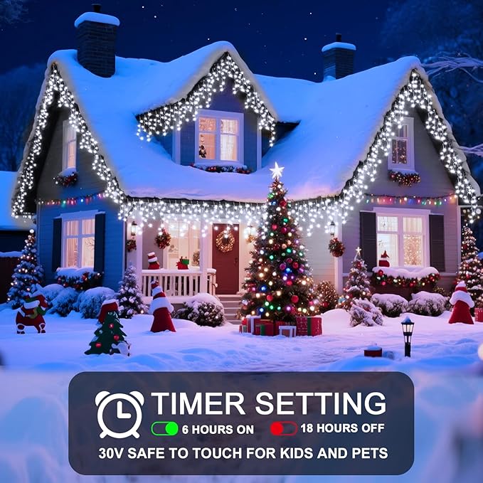 98 Ft Ice Lights for Outside, 1216 LED Christmas Lights Outdoor Plug in, Christmas String Lights with 8 Modes & Timer for Holiday, Party, Wedding, House, Patio, Outdoor Decor(Cool White)