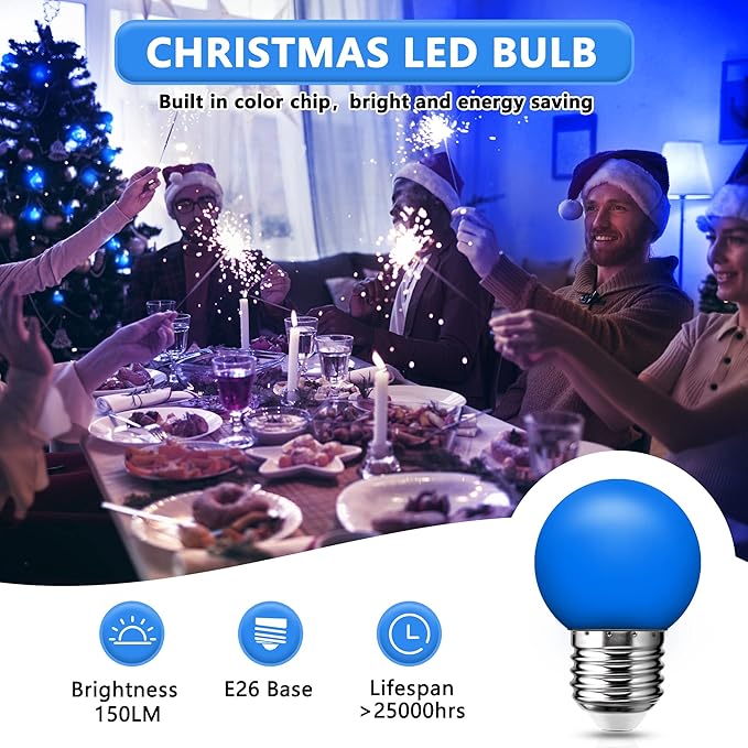 Flaspar LED Blue Light Bulb, G14 G45 Mini Globe String Light Bulbs, E26 Colored Light Bulbs for Home Wedding Christmas Halloween Bar Party Mood Decor, 6Pack