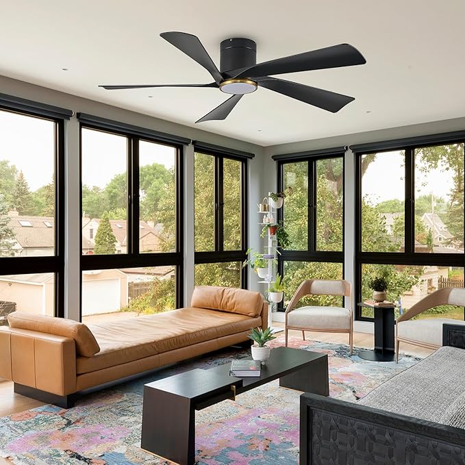 Ceiling Fan with Light and Remote/APP, 52” Flush Mount Ceiling Fans, 6 Speeds Mute Reversible Motor, 3CCT, Dimmable,Black Low Profile Modern Ceiling Fans for Indoor and Outdoor, Bedroom, Patios