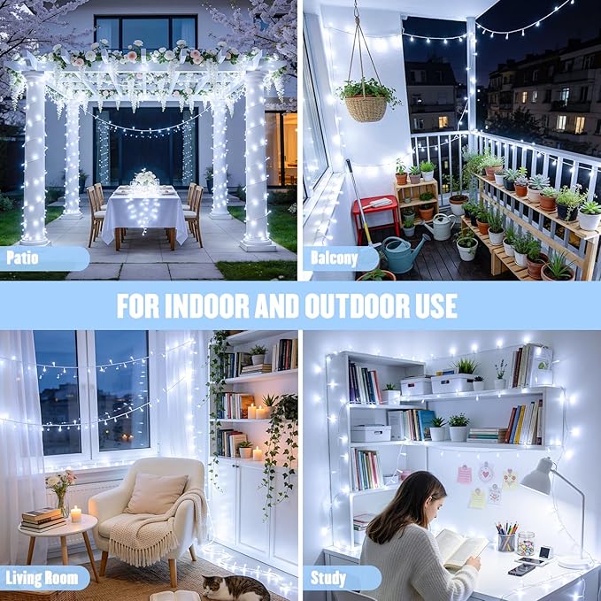 JMEXSUSS 4 Pack 50 LED White String Lights, Each 16.5Ft Battery Outdoor Lights with Timer Waterproof, 8 Modes White Light for Bedroom Wedding Christmas Garden Decor