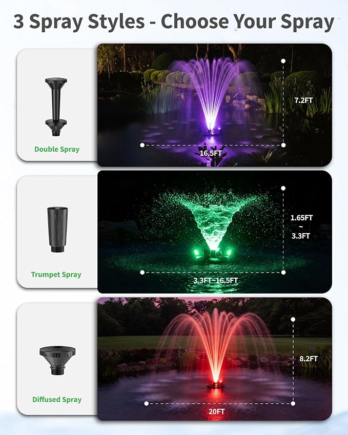 POPOSOAP Floating Pond Fountain With LED Lights, Pond Fountain Aerator Complete Kit with 1600GPH Water Pump 50FT Power Cord, 3 Spray Styles for Ponds, Pool, Lakes & Water Gardens P155