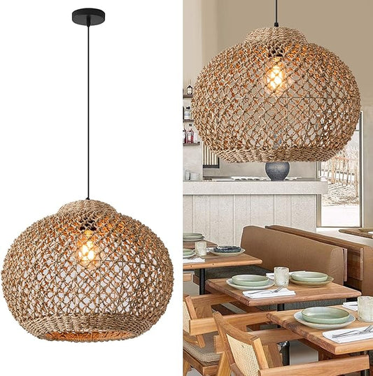 13.77" Woven Rattan Pendant Light,Hand-Woven Water Plants Rattan Chandelier 1-Light Boho Wicker Coastal Retro Ceiling Chandelier Lighting,for Kitchen Island Restaurant Craft Farmhouse