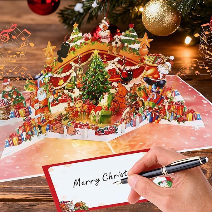 FaCraft Musical Christmas Cards, with Lights and Music, 15.4 x 10.4 inch Handmade 3D Large Pop Up Christmas Card, with Envelope Blank Insert and Seal for Winter Holidays New Year (Dogs Cats Party)