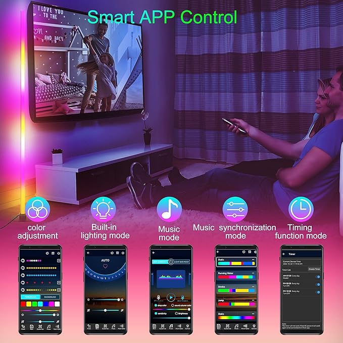 PMS 63 Inch LED Floor Lamp, Corner Mood Standing Lamp RGB Color Changing Light Dimmable Music Sync with APP & Remote Control for Living Room, Bedroom, Home Decoration