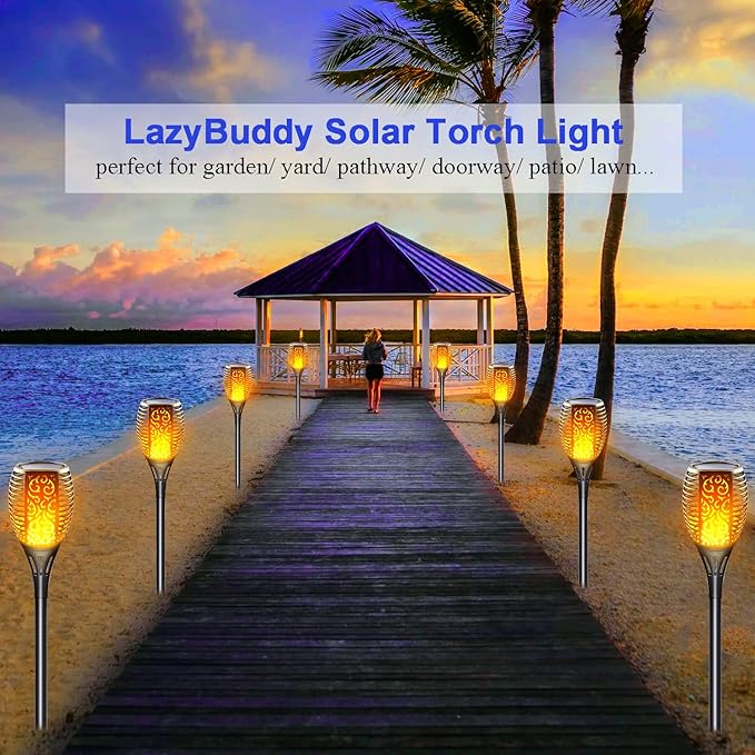 Large Solar Torch Light with Flickering Flame, Upgraded 3-in-1 Solar Fire Lights Outdoor Hanging Lanterns, Halloween Decorations Solar Powered Tiki Torches for Garden, Pathway, Lawn, Yard