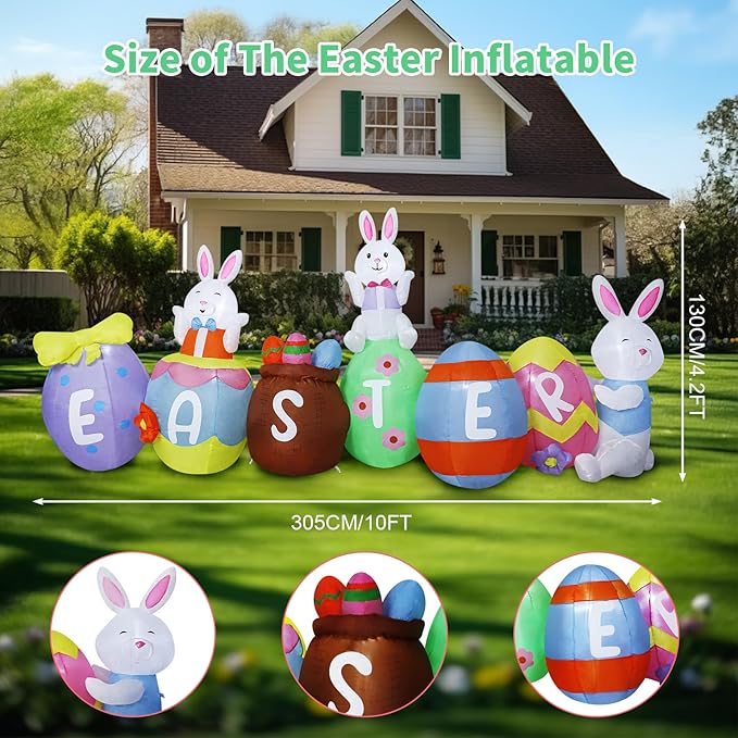 10FT Easter Inflatables Outdoor Decorations, Large Easter Blow Up Bunny & Eggs Built-in 9 Bright LED Lights, Cute Spring Inflatable Decor for Yard Garden Lawn Holiday Party