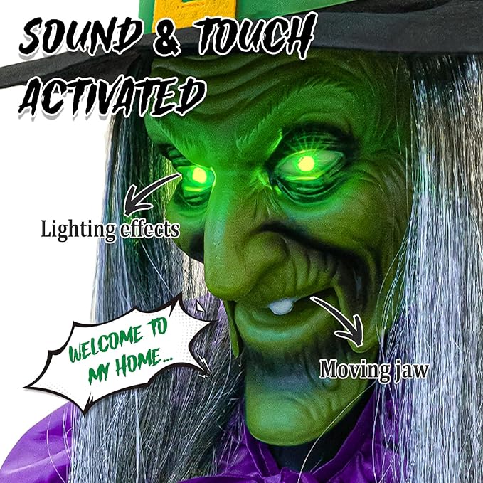 ORIENTAL CHERRY Halloween Outdoor & Indoor Decorations - 11.5 Ft Purple Green Animated Hovering Witch Animatronics, Sound & Touch Activated Sensor - Scary Props House Decor for Garden Yard Lawn