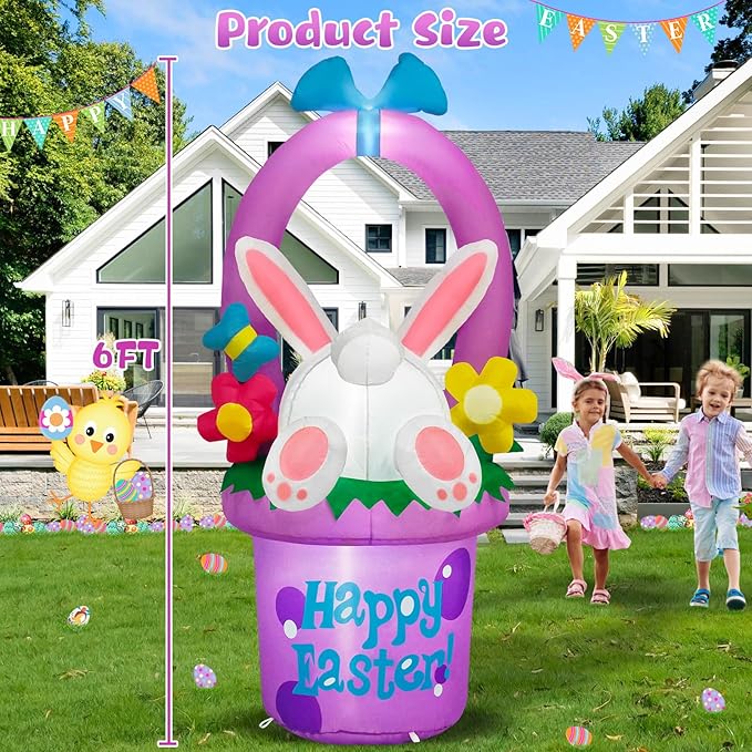 MICOCAH 6 FT Easter Inflatables Outdoor Decorations, Inflatable Easter Bunny Hidden in Flowers Basket Built-in LED Lights Cute Blow Up Yard Decoration for Spring Holiday Party Lawn Garden Decor