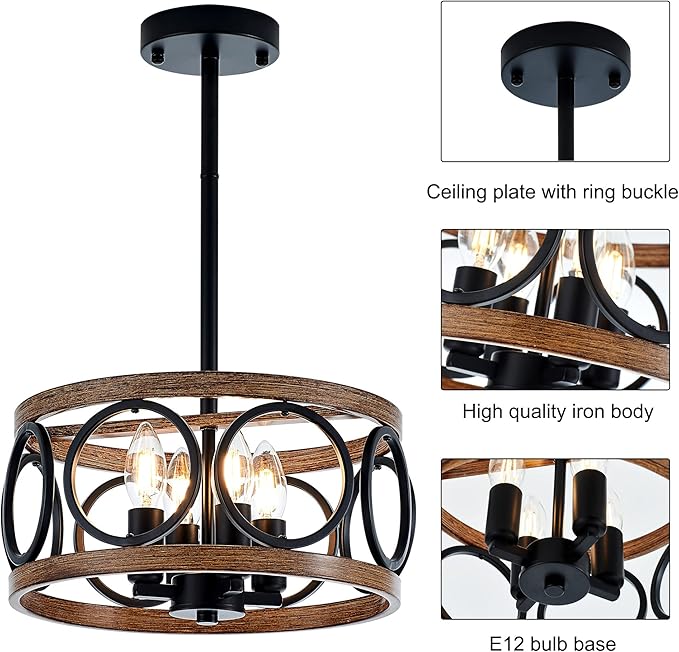 4-Light Farmhouse Drum Pendant Light,12.6'' Nature Wood Texture Vintage Rustic Chandeliers Black Metal Industrial Hanging Light Fixtures for Entryway, Bedroom Dining Room
