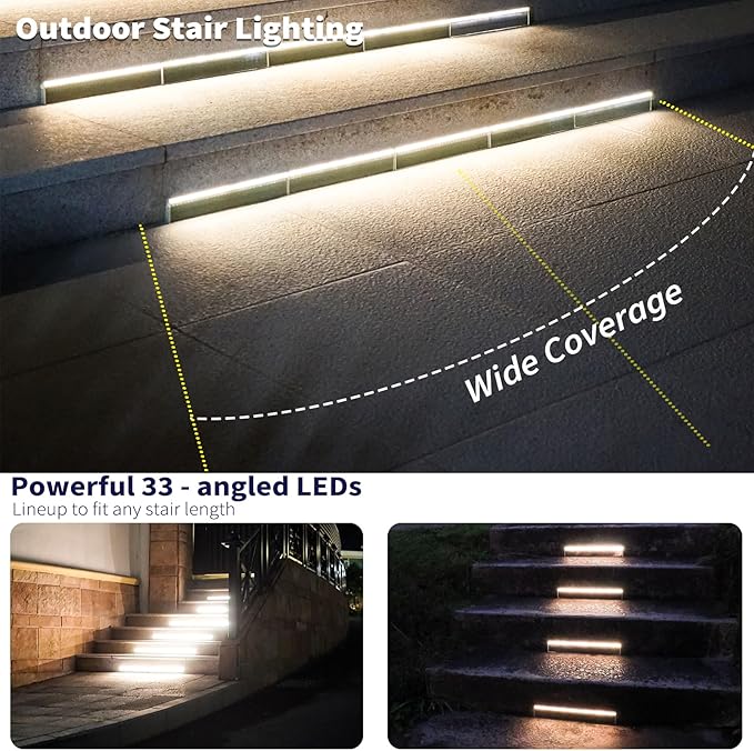 Solar Step Lights for Outside, 33 Focused-Beam High-Brightness LEDs, Waterproof Aluminum Outdoor Stair Light for Risers, Curbsides, Poolsides, Planter Edges (Warm White, 2Pack)