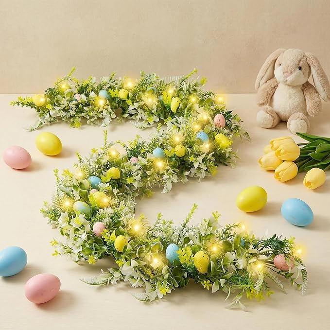 6FT Lighted Easter Egg Garland, Battery Operated Spring Garland with Warm White LED Lights, Easter Decorations for Fireplace Mantel, Door, Indoor & Outdoor Holiday Decor