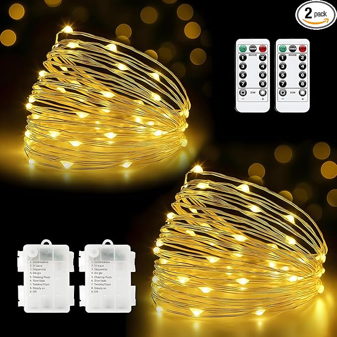 Metaku 2 Pack 33Ft 100 LED Fairy Lights Battery Operated String Lights with Remote Timer, LED Twinkle Lights for Bedroom, Party, Wedding, Centerpiece, Christmas Tree (Warm White)