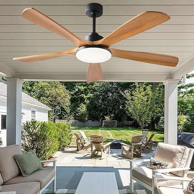 Ceiling Fans with Lights and Remote Control, 5 Solid Wood Blades, 3CCT Dimmable, 56 Inch Modern Outdoor Ceiling Fans for Bedroom Farmhouse Patios, Quiet DC Motor