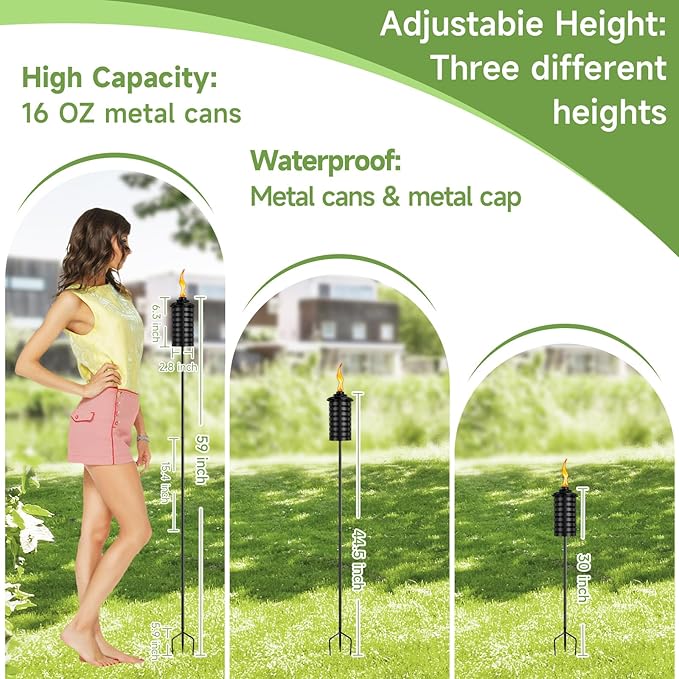 ZSZMFH 4 Pcs Metal Torch for Outside, 16oz Outdoor Metal Torch Garden Décor,59-Inch Upgraded Citronella Torches with 3-Prong Grounded Stake, Table Top Torches for Party Patio Pathway