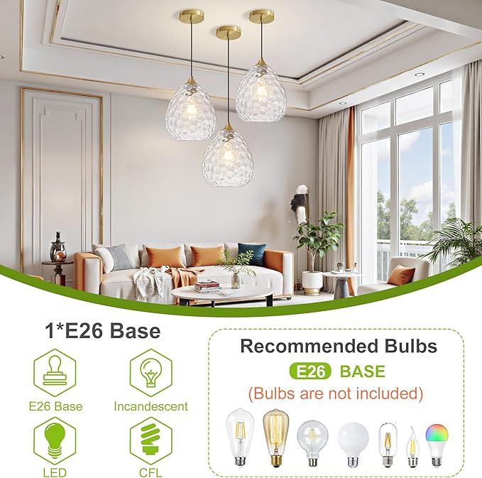 Glass Pendant Lights Kitchen Island, Brass Gold Pendant Lighting Fixtures, Modern Hanging Ceiling Light with 8.27'' Hammered Glass Shade for Farmhouse Dining Room Bedroom Hallway(1 Pack)