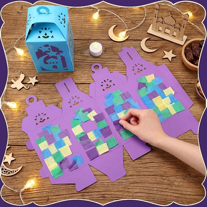 Simgoing 12 Sets Eid Mubarak Crafts with LED Candles Lights DIY Ramadan Tissue Paper Lanterns Crafts Kits DIY Make Your Own Moon Star Lanterns for Ramadan Mubarak Party Decor Classroom Activities