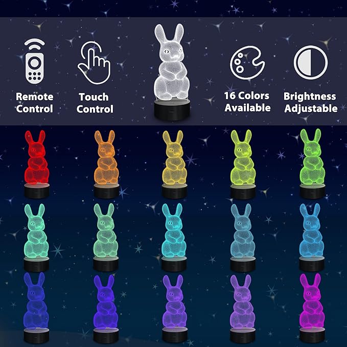 Lampeez 3D Rabbit Lamp Bunny Night Light 3D Illusion lamp for Kids, 16 Colors Changing with Remote, Kids Bedroom Decor as Xmas Holiday Birthday Easter Gifts for Boys Girls