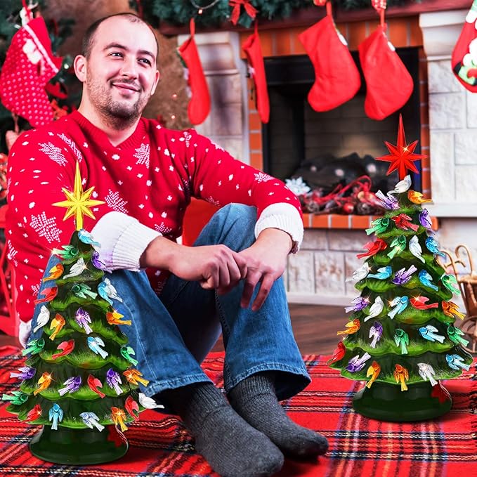 WILLBOND 103 Pieces Ceramic Christmas Tree Replacement Bulb Set Includes 100 Plastic Ceramic Christmas Tree Bird Lights 3 Stars Classic Color Ceramic Tree Lights Replacements Bulbs Craft