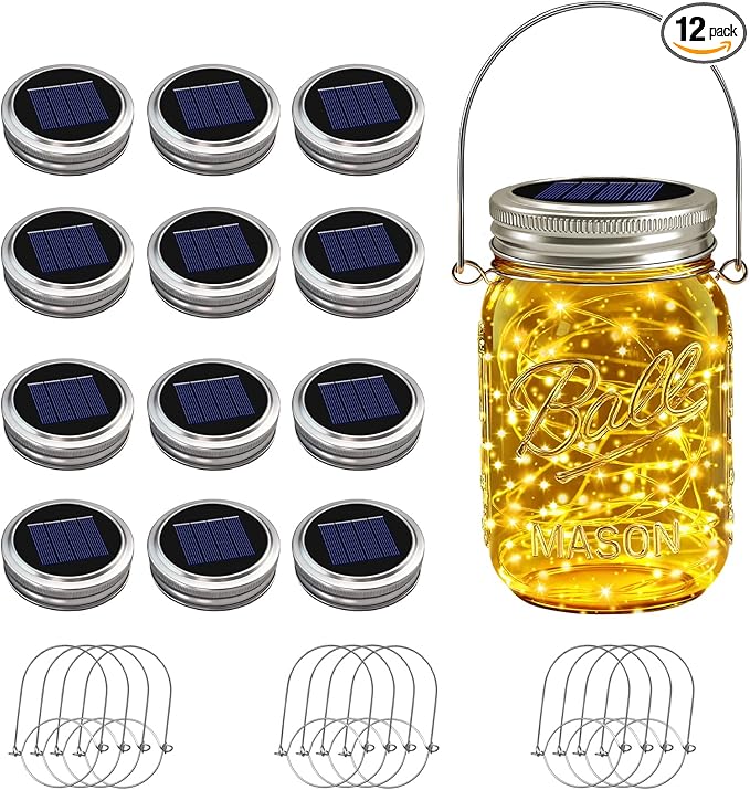 12 Pack Solar Mason Jar Lights for Outside, 30 LED Solar Mason Jar Lids Fairy Lights with 12 Hangers(No Jars) Outdoor Waterproof for DIY Patio Garden Yard Lawn Party Wedding Decoration Warm White