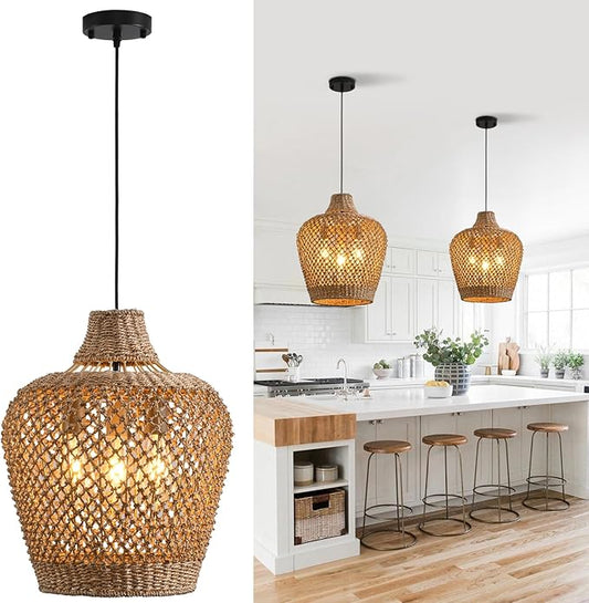 18.9" Rattan Pendant Light Fixtures,Boho Rattan Pendant Light,3-Light Hand Woven Seagrass Chandelier for Workplace Occasions Restaurants Dining Living Bedroom Kitchen Farmhouse