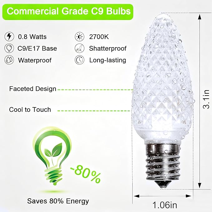 echosari 25 Pack C9 LED Replacement Christmas Light Bulbs, 0.8W UL Listed Commercial Grade Holiday Bulbs, C9/E17 Candelabra Base Sockets (Cool White)
