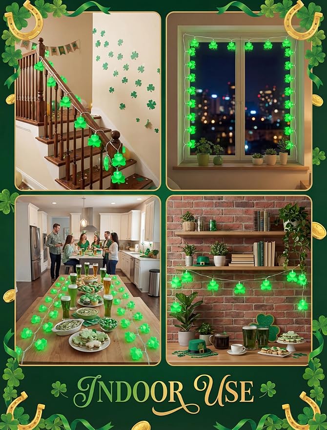 Outdoor Shamrock String Lights, 8.5Ft Saint Patricks Day Decorations with 10 Clover Lights, Plug in Shamrocks Green Lights for Party Bar Home Garden Decor,White Wire