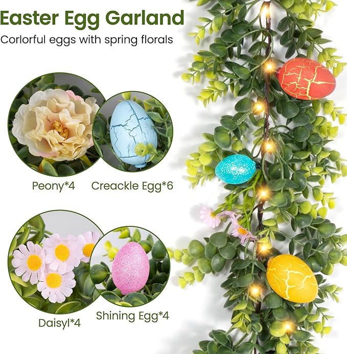 6FT Prelit Easter Garland with 20 LED Lights, Lighted Artificial Easter Egg Garland for Mantle, Battery Operated with 8 Mode Timer – Peony & Eucalyptus Accents
