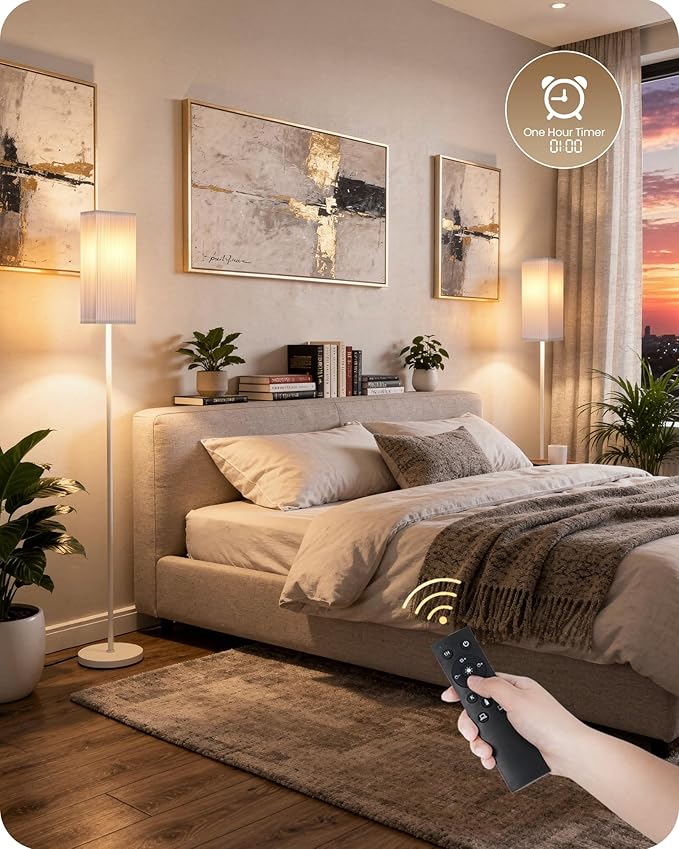 64.2'' Dimmable Floor Lamp for Living Room with Remote and Foot Switch, Corner Floor Lamp for Bedroom, Includes 10W A19 Bulb, Modern Standing Tall Lamp, ETL Listed, White WCW17LD05