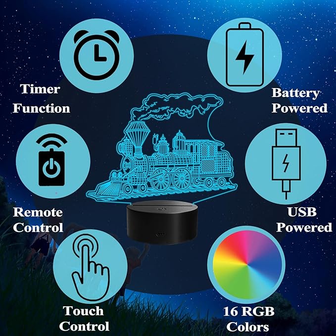 Train Night Light, Stream Train Gifts, 3D Illusion Lamp with Remote Control, 16 RGB Colors, 4 Flashing Modes, Timer, Kids Room Decor