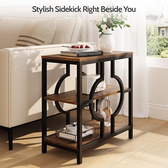 End Table Set of 2, Narrow Side Table with 3-Tier Storage Shelves, Wood Sofa Side Table with Geometric Metal Frame for Living Room, Industrial Bedside Nightstand for Bedroom (Brown)