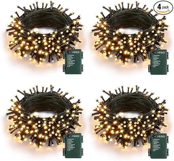 Battery Operated Christmas Lights - 4 Pack Total 66ft 200 LEDs Warm White Christmas Lights with Timer, 8 Modes Waterproof Twinkle Lights for Indoor Outdoor Xmas Tree Wreath Party Holiday Decorations