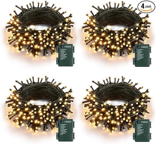 Battery Operated Christmas Lights - 4 Pack Total 66ft 200 LEDs Warm White Christmas Lights with Timer, 8 Modes Waterproof Twinkle Lights for Indoor Outdoor Xmas Tree Wreath Party Holiday Decorations